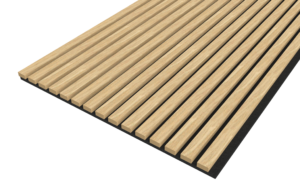 De Akupanel Eiken Naturel 270 x 60 cm Lattenwand akoestische wandpanelen hebben gelijkmatig verdeelde, parallelle lichthouten latten op een zwarte basis, die een gestreept, gestructureerd oppervlak vormen.