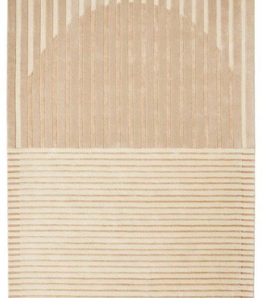 Het Fano White Beige 300x400 vloerkleed heeft een modern geometrisch ontwerp met verticale lijnen die een halve cirkel vormen op de bovenste helft en horizontale lijnen op de onderkant, waardoor een stijlvolle beige en ivoorkleurige minimalistische look ontstaat.