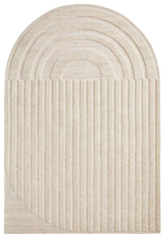 Het Monza 815 Light Grey 170x230 vloerkleed heeft een gestructureerd oppervlak met een afgeronde bovenkant, een rechthoekige onderkant, concentrische bogen op de bovenste helft en verticale lijnen op de onderste helft.