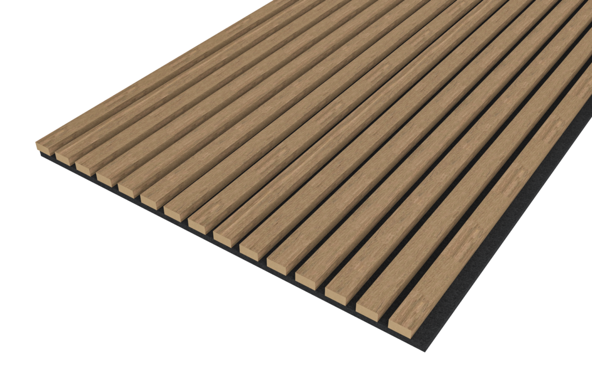 Hoekaanzicht van de Akupanel Eiken Mokka 270 x 60 cm Lattenwand akoestische wandpanelen, een rechthoekig houten lattenpaneel met gelijkmatig verdeelde verticale stroken op een donkere ondergrond, ideaal voor decoratieve wand- of plafondtoepassingen.