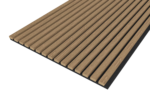 Hoekaanzicht van de Akupanel Eiken Mokka 270 x 60 cm Lattenwand akoestische wandpanelen, een rechthoekig houten lattenpaneel met gelijkmatig verdeelde verticale stroken op een donkere ondergrond, ideaal voor decoratieve wand- of plafondtoepassingen.