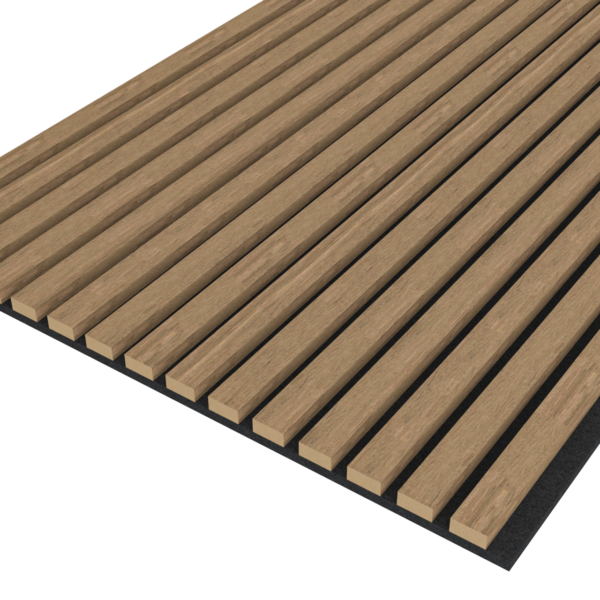 Hoekaanzicht van de Akupanel Eiken Mokka 270 x 60 cm Lattenwand akoestische wandpanelen, een rechthoekig houten lattenpaneel met gelijkmatig verdeelde verticale stroken op een donkere ondergrond, ideaal voor decoratieve wand- of plafondtoepassingen.