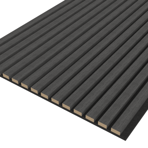 Het Akupanel Eiken Zwart 270 x 60 cm Lattenwand akoestische wandpanelen is een rechthoekig grijs paneel met gelijkmatig verdeelde verticale groeven en zichtbare randen, weergegeven vanuit een hoek op een witte achtergrond.
