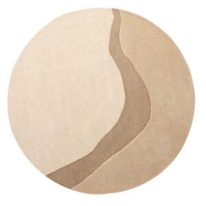 Het Organix 210 Linnen 200Ø is een rond beige vloerkleed met een abstracte, golvende donkerbeige streep die van de onderste rand naar rechtsboven loopt voor een organische look.