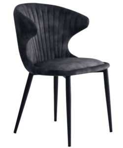 De Stoel Nick adore Grey / Antracite is een moderne stoel met grijs/antraciet bekleding, een gebogen geribbelde rugleuning en vier taps toelopende poten, schuin afgebeeld tegen een witte achtergrond.