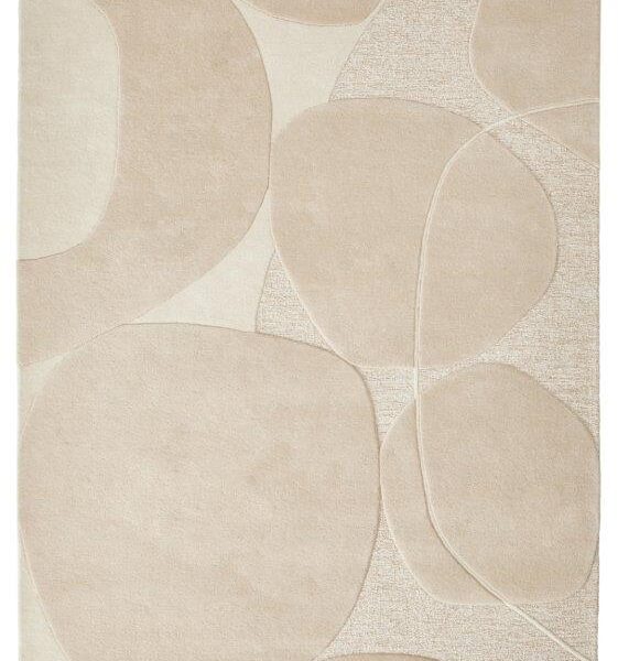 Het Bolsena Beige 300x400 vloerkleed heeft abstracte, overlappende ronde vormen en lijnen in crème en lichtbruine tinten, die een moderne getextureerde look creëren.