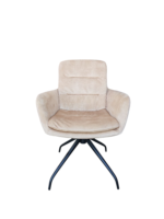 De Stoel Frank met Armleuning Toffee is een moderne beige gestoffeerde fauteuil met een kussens zitting, schuine armleuningen en zwarte metalen poten, afgebeeld tegen een witte achtergrond.