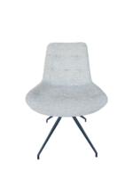 De Eetkamerstoel Ella Brego Creme heeft een lichtgrijs gestoffeerde zitting, een gebogen rugleuning en slanke zwarte metalen poten in een hoekig, gekruist ontwerp tegen een witte achtergrond.