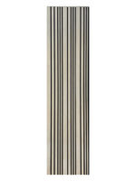 De Rosenwood Akupanel Akoestische Wandpanelen Tripple (270 x 60 cm, natuurlijke eiken) hebben een minimalistisch, modern ontwerp met gelijkmatig verspreide verticale zwarte lijnen van verschillende dikte op een lichtbeige achtergrond.