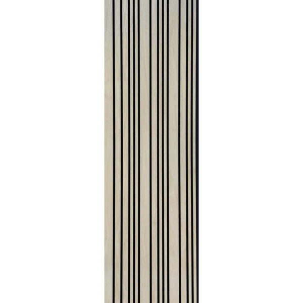 De Rosenwood Akupanel Akoestische Wandpanelen Tripple (270 x 60 cm, natuurlijke eiken) hebben een minimalistisch, modern ontwerp met gelijkmatig verspreide verticale zwarte lijnen van verschillende dikte op een lichtbeige achtergrond.