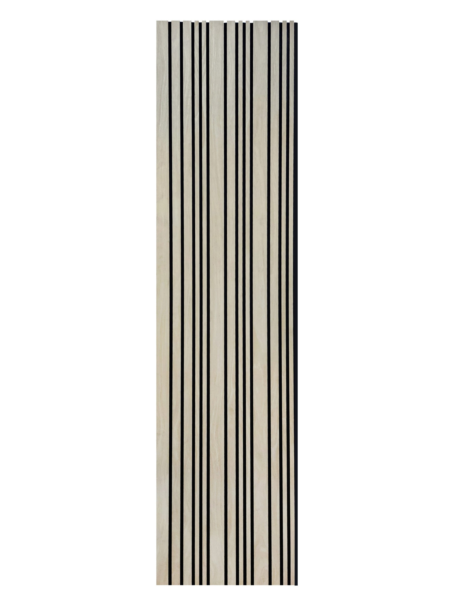 De Rosenwood Akupanel Akoestische Wandpanelen Tripple (270 x 60 cm, natuurlijke eiken) hebben een minimalistisch, modern ontwerp met gelijkmatig verspreide verticale zwarte lijnen van verschillende dikte op een lichtbeige achtergrond.