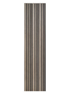 Het Rosenwood Akupanel Akoestische Wandpanelen Lattenwand Tripple Akupanelen 270 x 60 cm Mokka eiken is een rechthoekig houten paneel met gelijkmatig verdeelde verticale zwarte groeven, afgebeeld op een witte achtergrond.