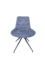 De Stoel Ella Brego Blue Grey is een moderne loungestoel met brede, ronde gestoffeerde zitting in blauwgrijs en zwarte metalen poten, afgebeeld tegen een witte achtergrond.