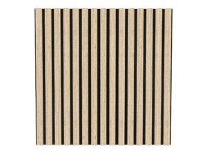 De Akupanel Eiken Naturel 60 x 60 cm Lattenwand akoestische wandpanelen heeft een modern, minimalistisch ontwerp met gelijkmatig verdeelde verticale zwarte en licht eiken strepen.