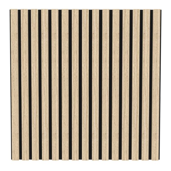 De Akupanel Eiken Naturel 60 x 60 cm Lattenwand akoestische wandpanelen heeft een modern, minimalistisch ontwerp met gelijkmatig verdeelde verticale zwarte en licht eiken strepen.