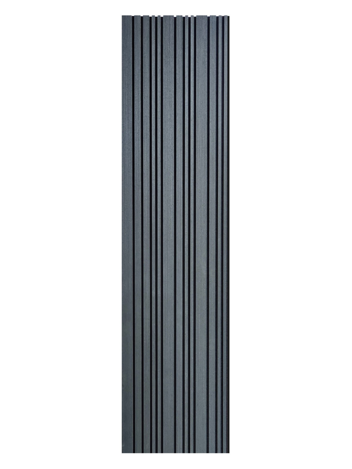 De Rosenwood Akupanel Akoestische Wandpanelen Lattenwand Tripple Akupanelen 270 x 60 cm in zwart eiken heeft een hoog, rechthoekig ontwerp met verticale geribbelde strepen voor een moderne, minimalistische look tegen een witte achtergrond.
