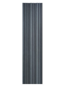 De Rosenwood Akupanel Akoestische Wandpanelen Lattenwand Tripple Akupanelen 270 x 60 cm in zwart eiken heeft een hoog, rechthoekig ontwerp met verticale geribbelde strepen voor een moderne, minimalistische look tegen een witte achtergrond.