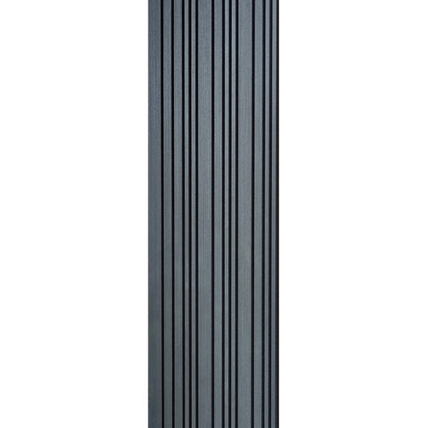 De Rosenwood Akupanel Akoestische Wandpanelen Lattenwand Tripple Akupanelen 270 x 60 cm in zwart eiken heeft een hoog, rechthoekig ontwerp met verticale geribbelde strepen voor een moderne, minimalistische look tegen een witte achtergrond.