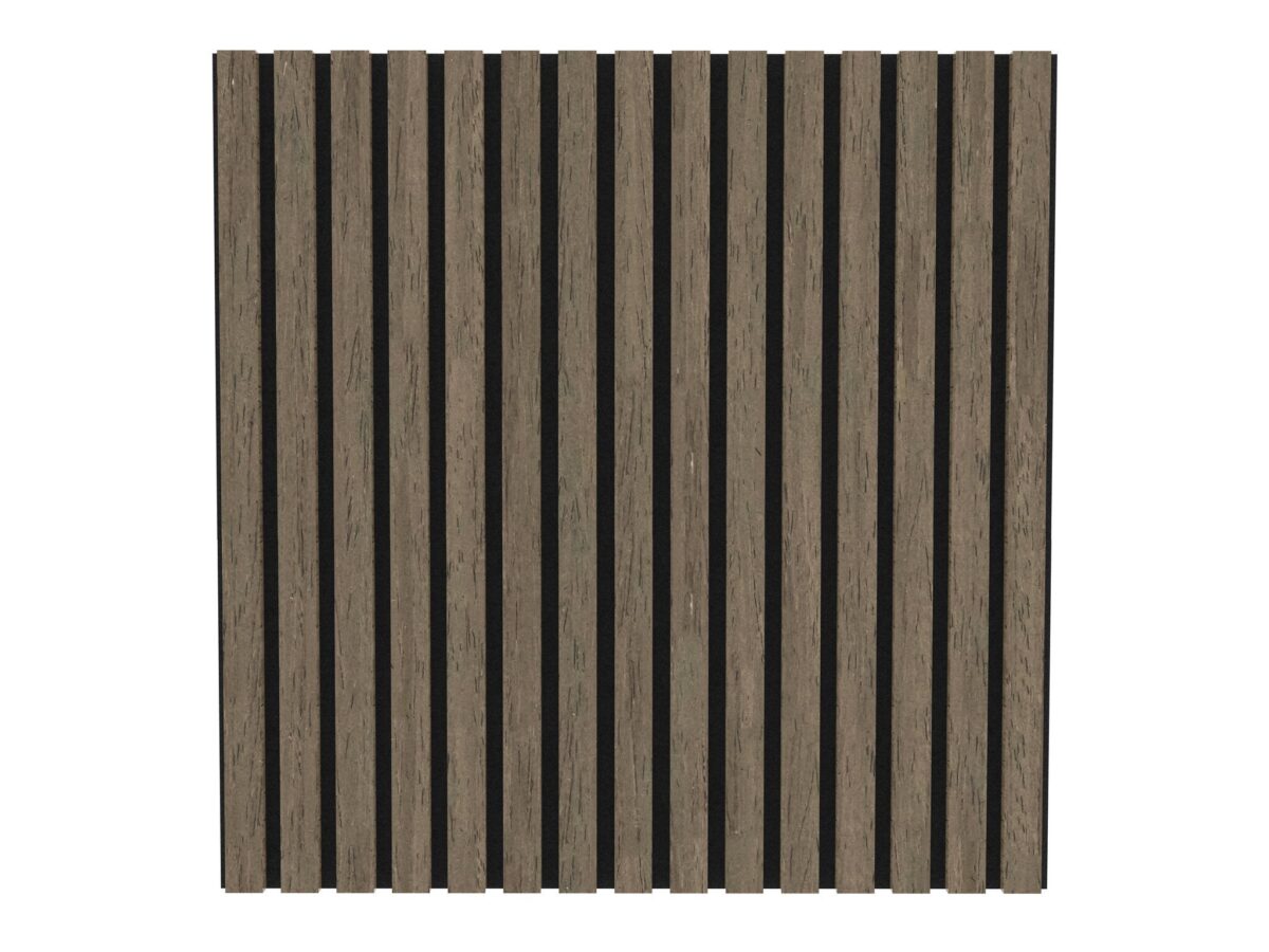 De Akupanel Eiken Walnoot 60 x 60 cm Lattenwand Akoestische wandpanelen heeft een rechthoekig houten ontwerp met gelijkmatig verdeelde verticale latten in een donkerbruine kleur en zwarte achtergrond, waardoor een opvallend gestreept contrast ontstaat.