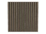 De Akupanel Eiken Walnoot 60 x 60 cm Lattenwand Akoestische wandpanelen heeft een rechthoekig houten ontwerp met gelijkmatig verdeelde verticale latten in een donkerbruine kleur en zwarte achtergrond, waardoor een opvallend gestreept contrast ontstaat.