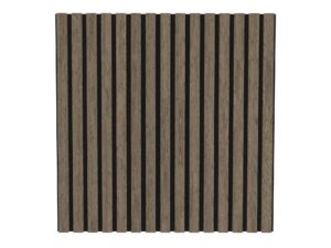 De Akupanel Eiken Walnoot 60 x 60 cm Lattenwand Akoestische wandpanelen heeft een rechthoekig houten ontwerp met gelijkmatig verdeelde verticale latten in een donkerbruine kleur en zwarte achtergrond, waardoor een opvallend gestreept contrast ontstaat.