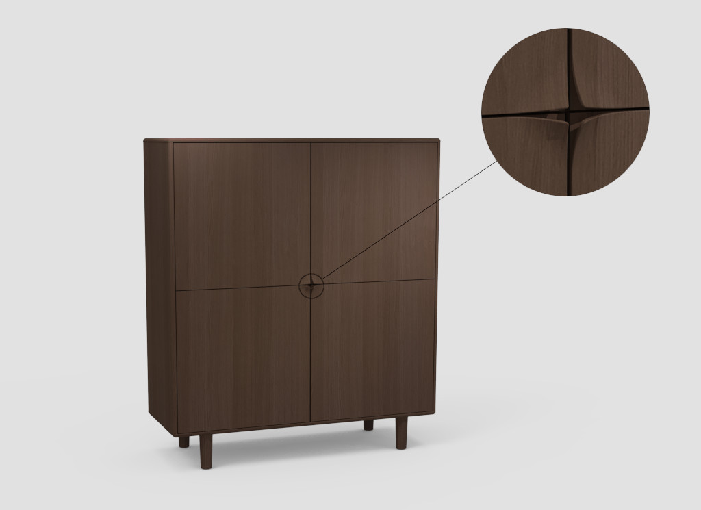 De SENTO BARKAST EL21 is een donkerbruine houten kast met vier deuren en korte poten. Een uitvergrote cirkel toont het kruisvormige groefdetail waar de deuren in het midden samenkomen.