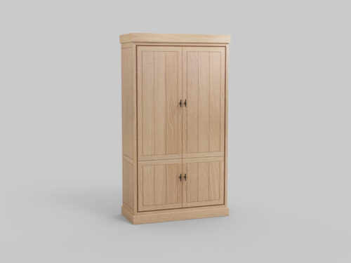 De JURA BERG2 E02M is een houten kast met een licht eiken afwerking, twee boven- en twee onderdeuren met metalen handgrepen, tegen een effen lichtgrijze achtergrond.