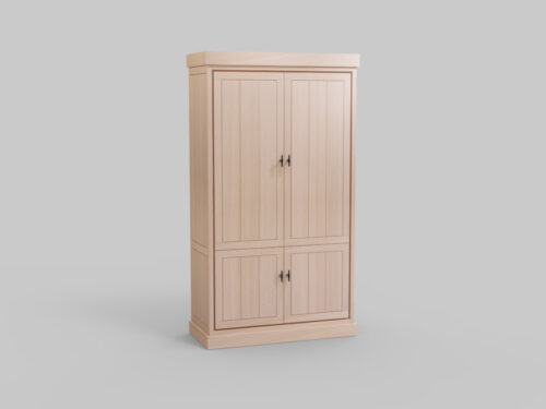 De JURA BERG2 WWM is een licht houten kast met vier paneeldeuren met metalen handgrepen op een vlakke basis tegen een effen grijze achtergrond.