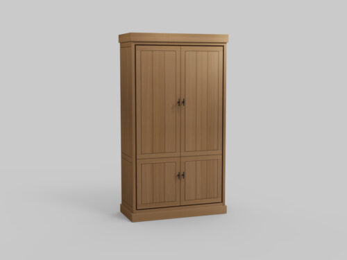 De JURA BERG2 E14M is een houten kast met twee hoge bovendeuren en twee kortere onderdeuren, met verticale paneeldetails en eenvoudige metalen handgrepen, tegen een effen lichtgrijze achtergrond.