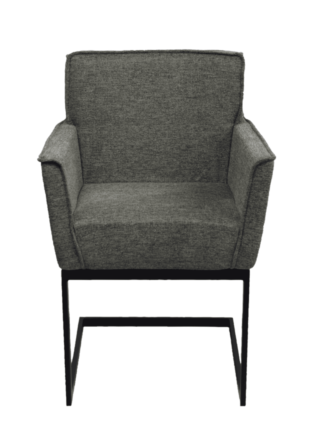 De Stoel Henry Brego 16 Blue Grey is een moderne stoffen fauteuil met gecapitonneerde zitting en rugleuning, rechte armleuningen en een zwart metalen sledevoet, afgebeeld tegen een witte achtergrond.