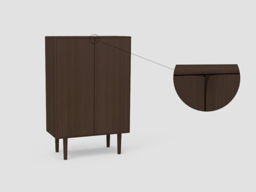 De SENTO BERGKAST 2 EL21 is een donkerhouten kast met twee deuren en vier poten, met een close-up van de gladde, vakkundig bewerkte bovenrand waar de deuren elkaar raken.