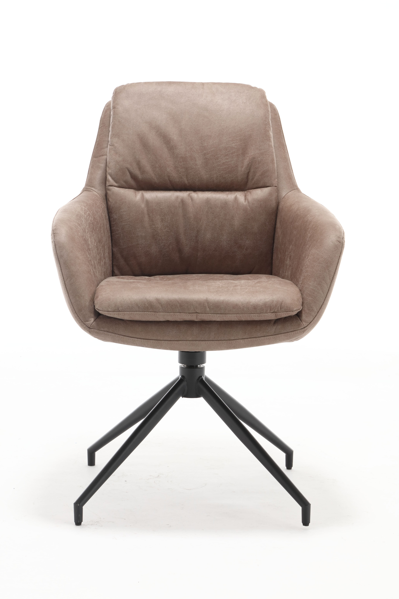De Stoel Dave Dallas Leather Elephant is een moderne fauteuil met gecapitonneerde leren bekleding in lichtbruin en een zwart metalen draaivoet, tegen een effen witte achtergrond.
