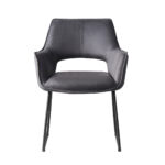 De Stoel Mike New York Antraciet is een moderne stoel met donkergrijze bekleding, open zijkanten en metalen poten, van voren gezien tegen een witte achtergrond.