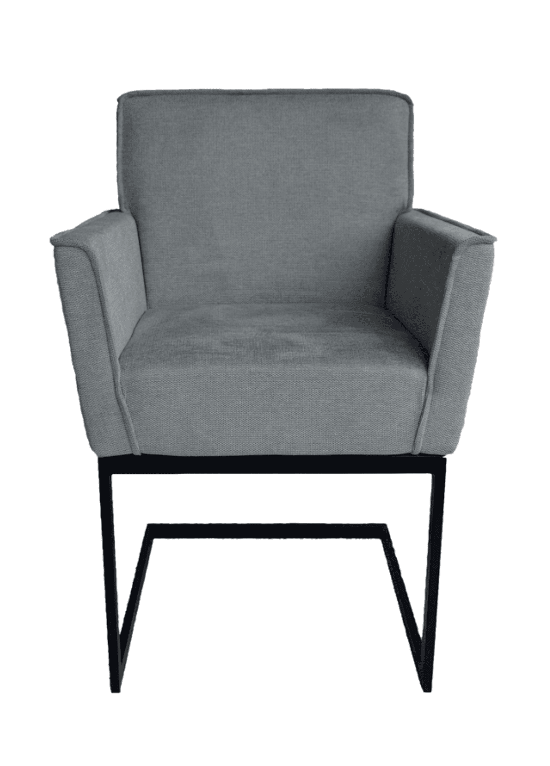 De Stoel Henry Brego 10 Ash Grey is een moderne fauteuil met een gecapitonneerde zitting en rugleuning, schuine armleuningen en een zwart metalen sledevoet, tegen een witte achtergrond.