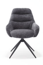 De Stoel July Picasso Eifeltoren 9312 is een moderne draaistoel met donkergrijze bekleding, gecapitonneerde zitting en rugleuning en zwart metalen spaakpoten op een effen witte achtergrond.