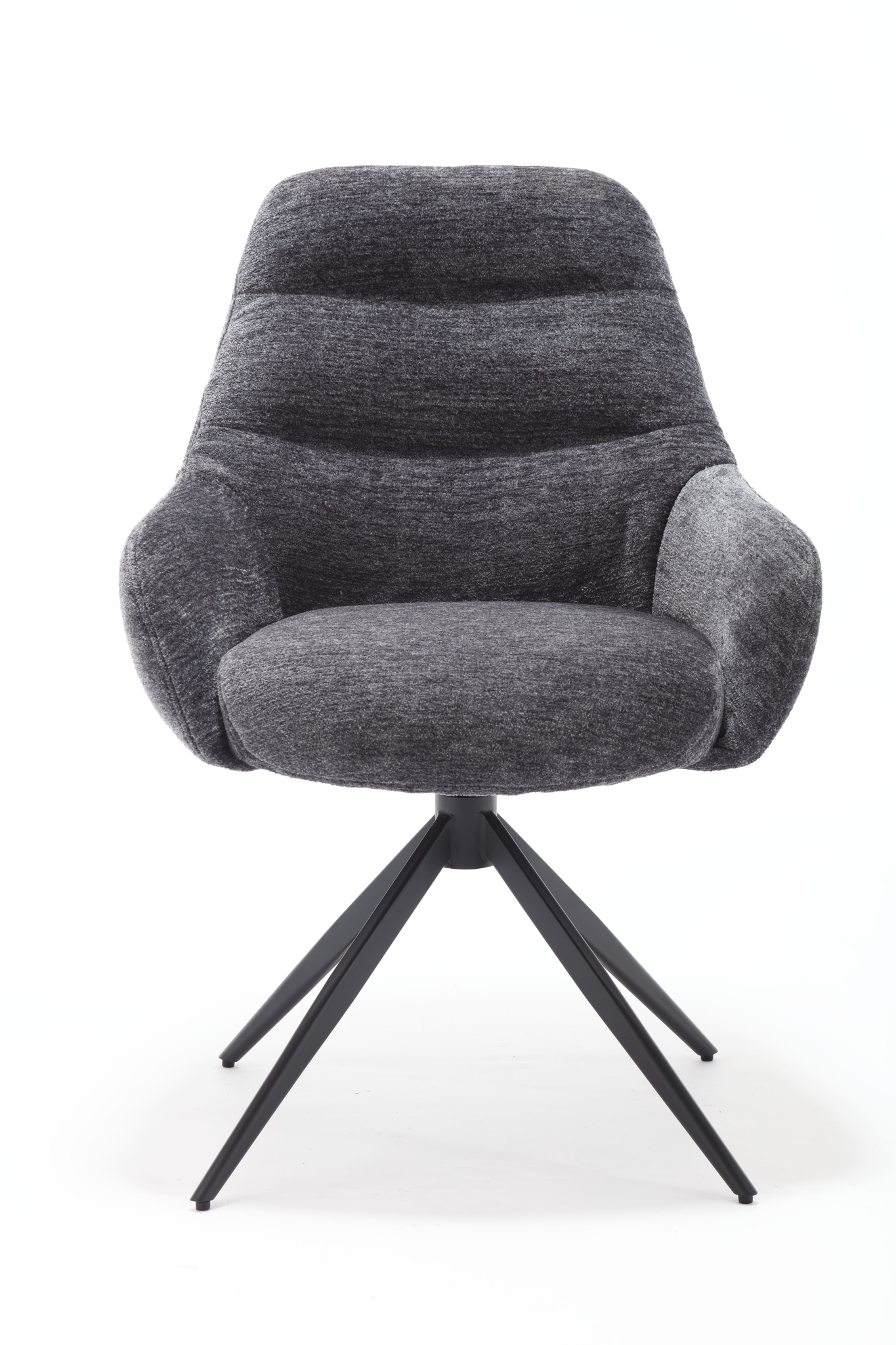 De Stoel July Picasso Eifeltoren 9312 is een moderne draaistoel met donkergrijze bekleding, gecapitonneerde zitting en rugleuning en zwart metalen spaakpoten op een effen witte achtergrond.