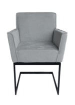 De Stoel Henry Brego 02 Light Grey is een moderne fauteuil met lichtgrijze bekleding, vierkante armleuningen en een sledevoet van zwart metaal, tegen een witte achtergrond.