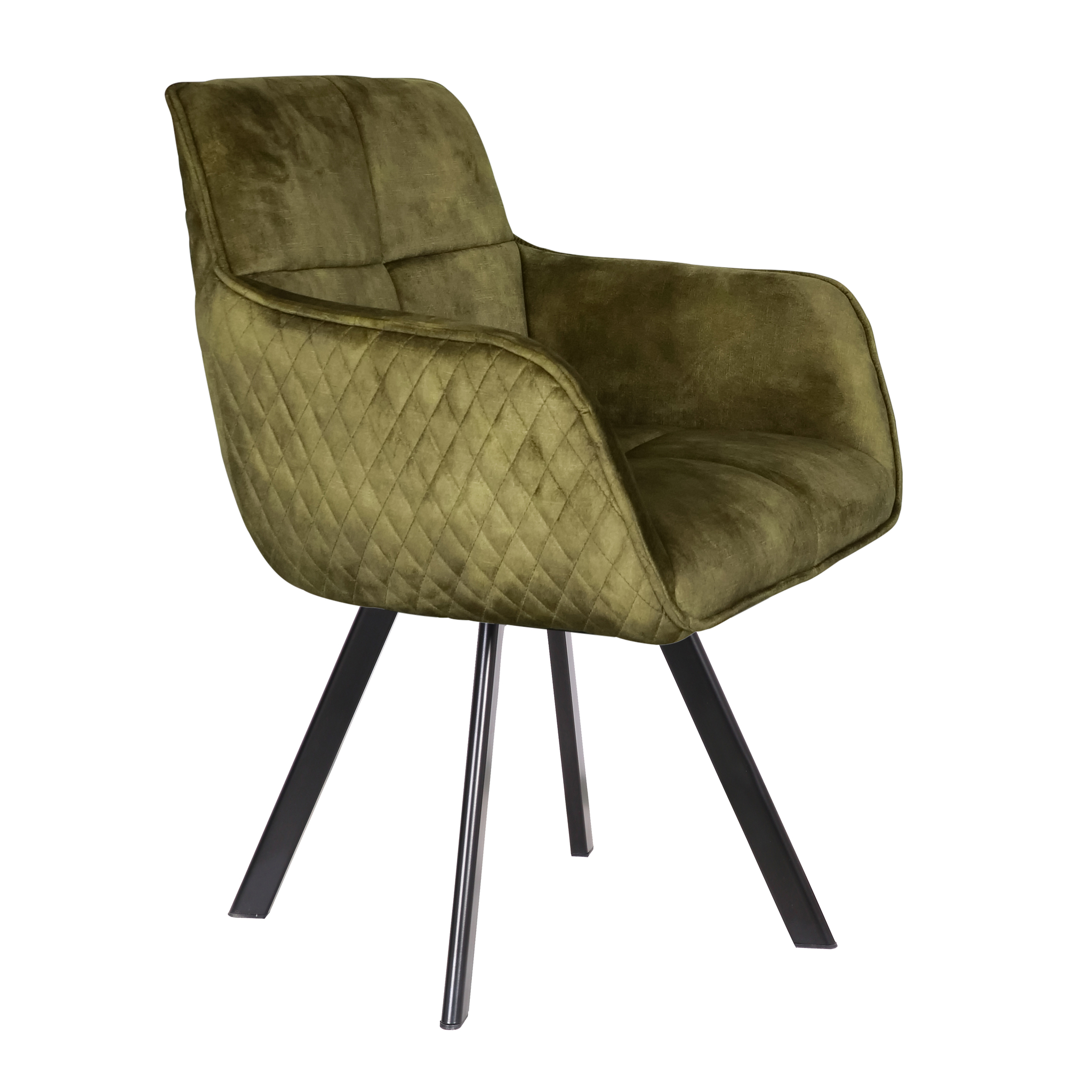 De Stoel Peter Macau Most is een moderne fauteuil van groen fluweel met gewatteerde zijkanten, een gecapitonneerde zitting en rugleuning en vier schuine zwarte metalen poten, afgebeeld tegen een witte achtergrond.