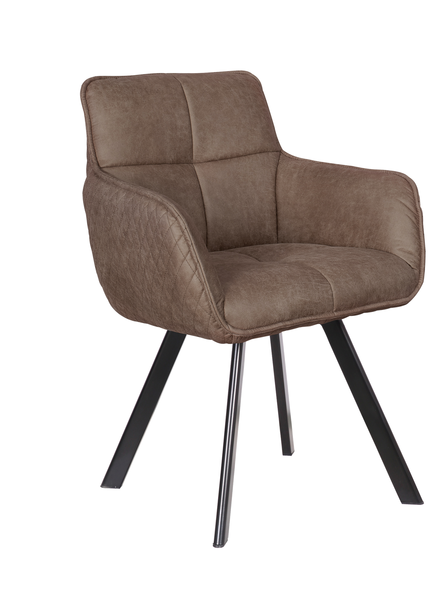 De Stoel Peter Manila Elephant is een moderne bruin gestoffeerde fauteuil met gewatteerde zijkanten, gewatteerde zitting en rugleuning en vier schuine zwart metalen poten.