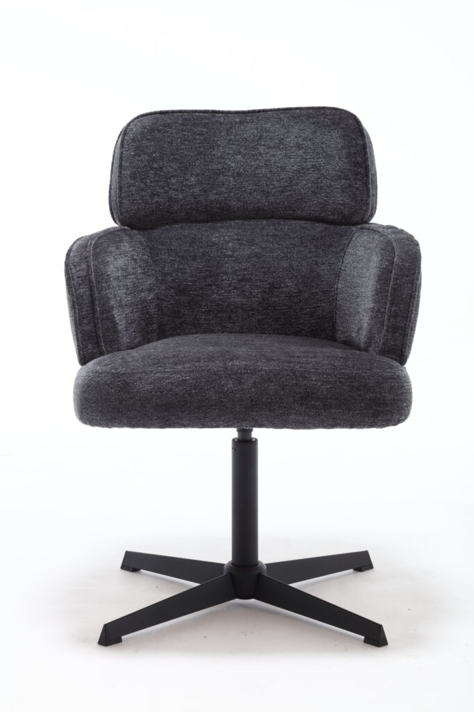 De Stoel Max Picasso Eifel Tower is een moderne donkergrijze gestoffeerde bureaustoel met een gecapitonneerde rugleuning en zitting op een zwart metalen onderstel met vijf poten, tegen een effen witte achtergrond.