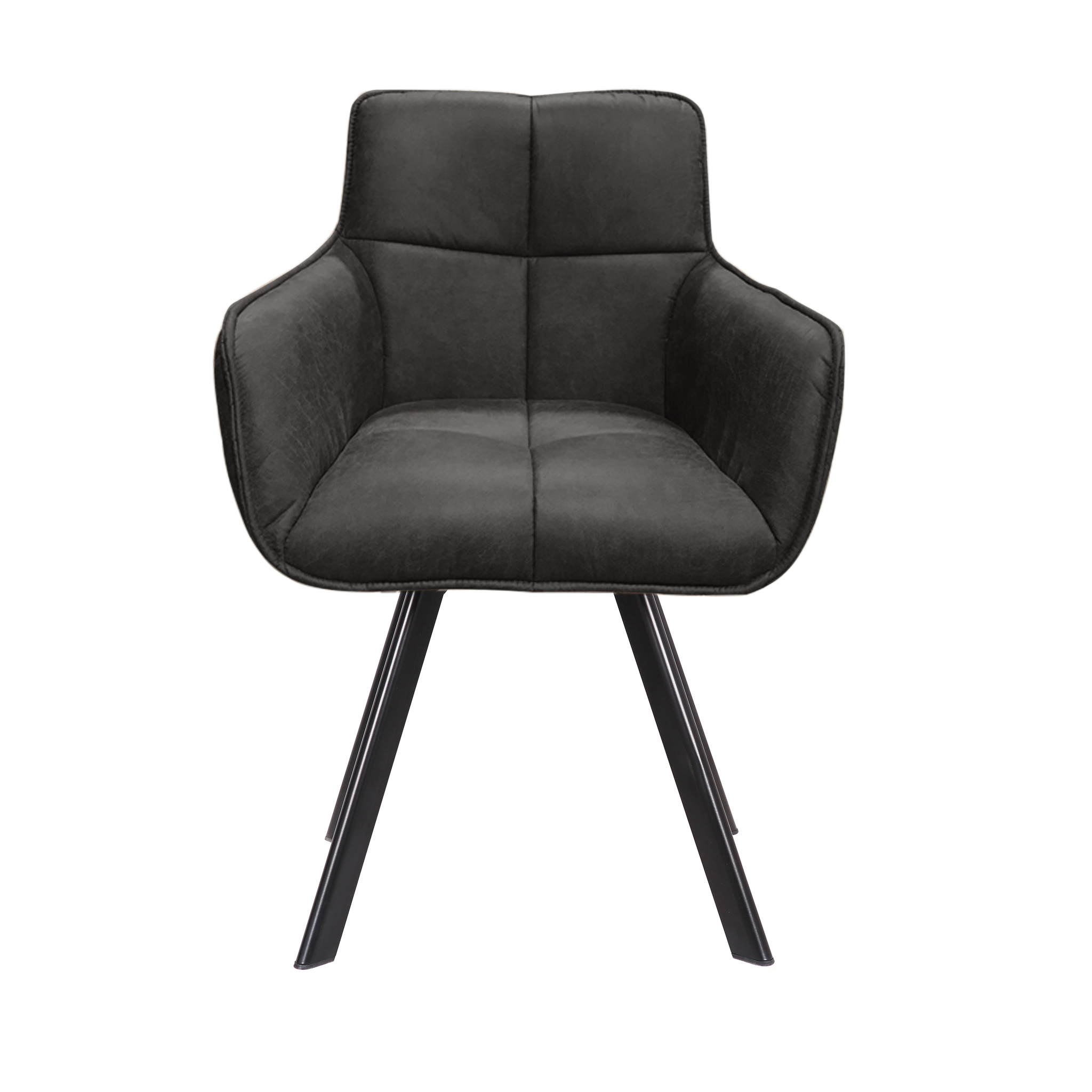 De Stoel Peter Manila Dark Grey is een moderne stoel met een hoge rugleuning, armleuningen, donkergrijze bekleding en vier gehoekte zwarte metalen poten, vooraan afgebeeld tegen een witte achtergrond.