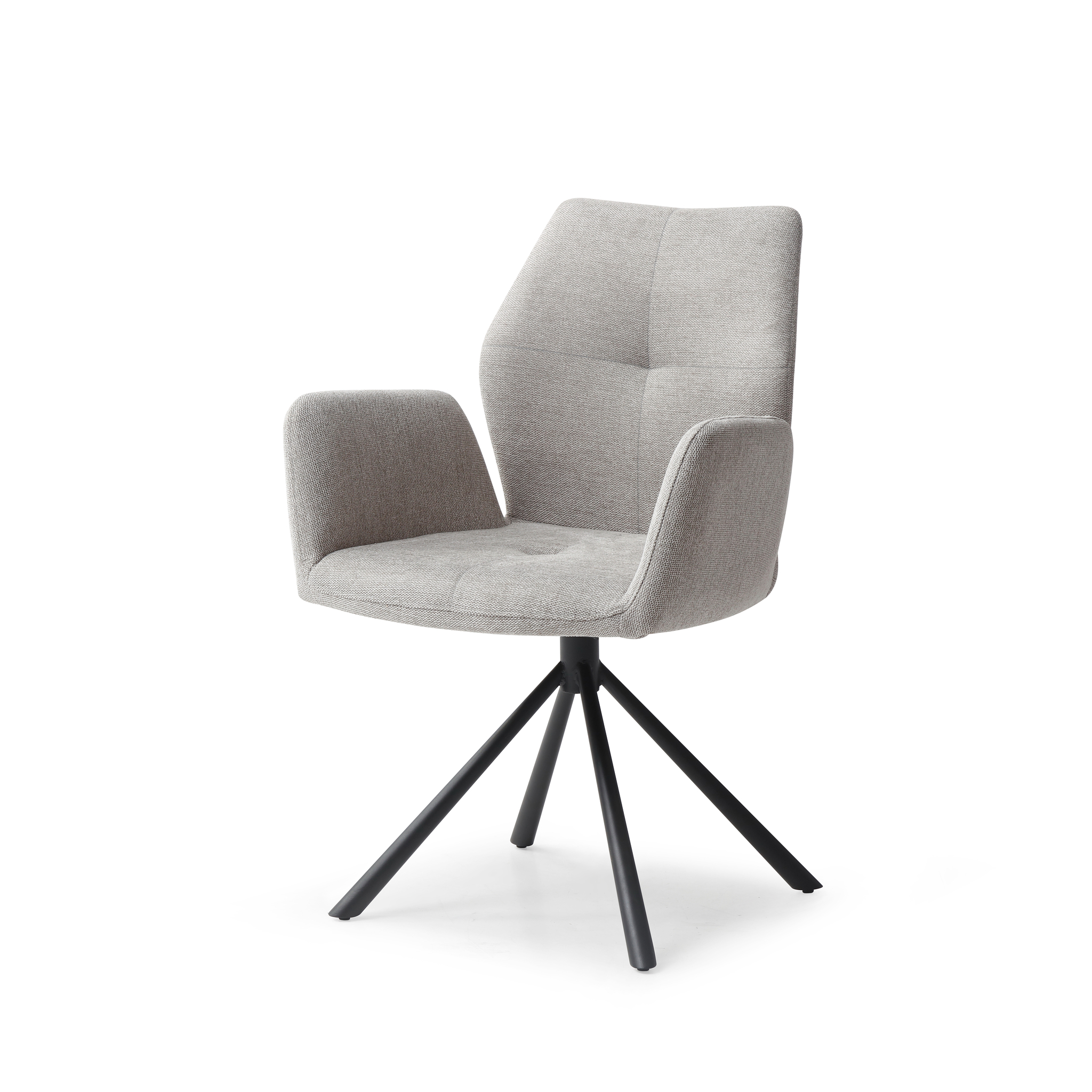 De Stoel Chris Warm Grey / Brego 07 is een moderne bureaustoel met gecapitonneerde zitting, rugleuning en armleuningen in grijze bekleding, op zwart metalen poten met een hoekig vierpoots onderstel.