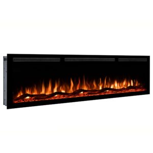 De Elektrische sfeerhaard Diamond Inbouwhaard is een moderne, rechthoekige elektrische wandhaard met levensechte oranje en gele vlammen achter glas in een strak zwart frame.