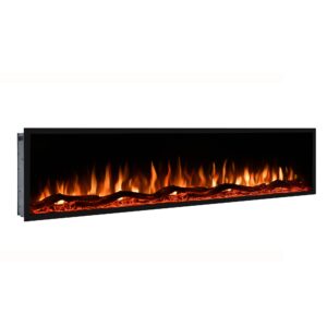 De Elektrische sfeerhaard Deluxe - Inbouwhaard is een moderne rechthoekige elektrische haard met een zwart frame, voorzien van realistische gloeiende vlammen en sinteleffecten langs de onderkant.
