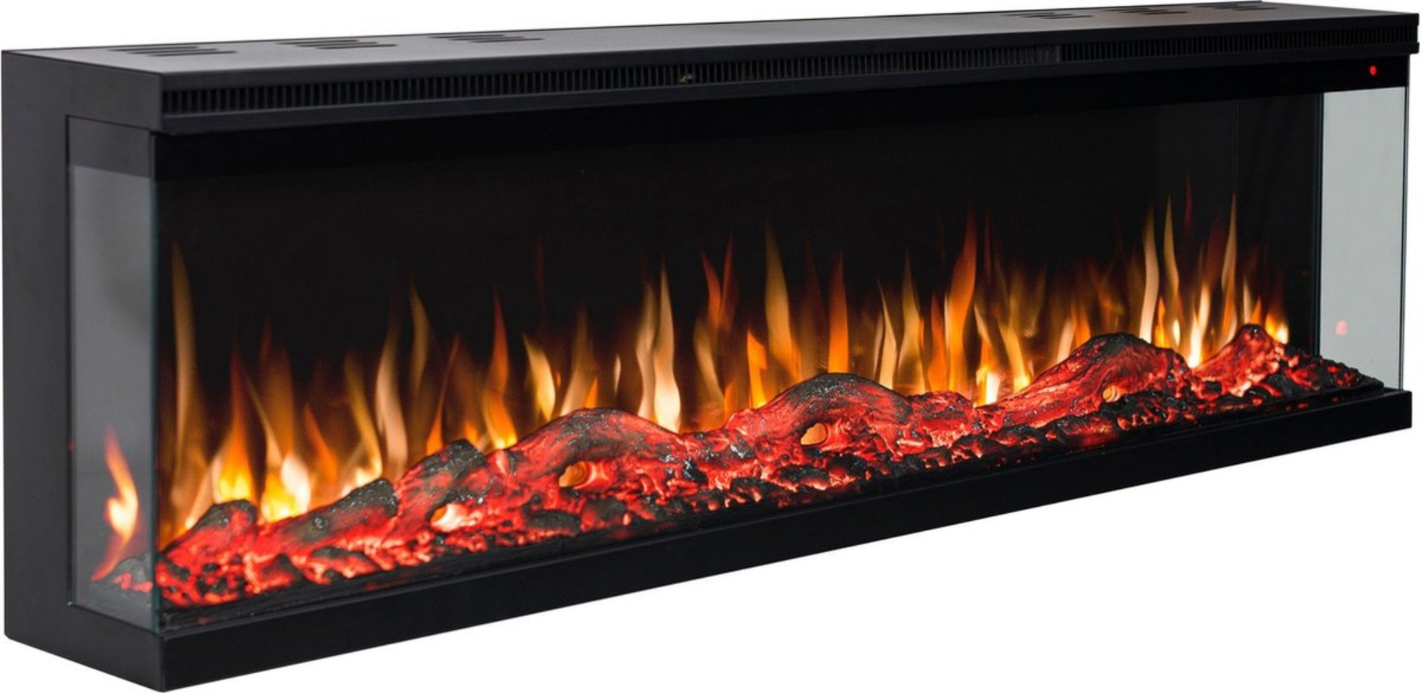 De Elektrische sfeerhaard Platina 3D - 3 zijdige haard - 254 cm is een moderne zwarte rechthoekige elektrische haard met realistisch gloeiende rode sintels en geeloranje vlammen, met glazen zijkanten en een strak design.