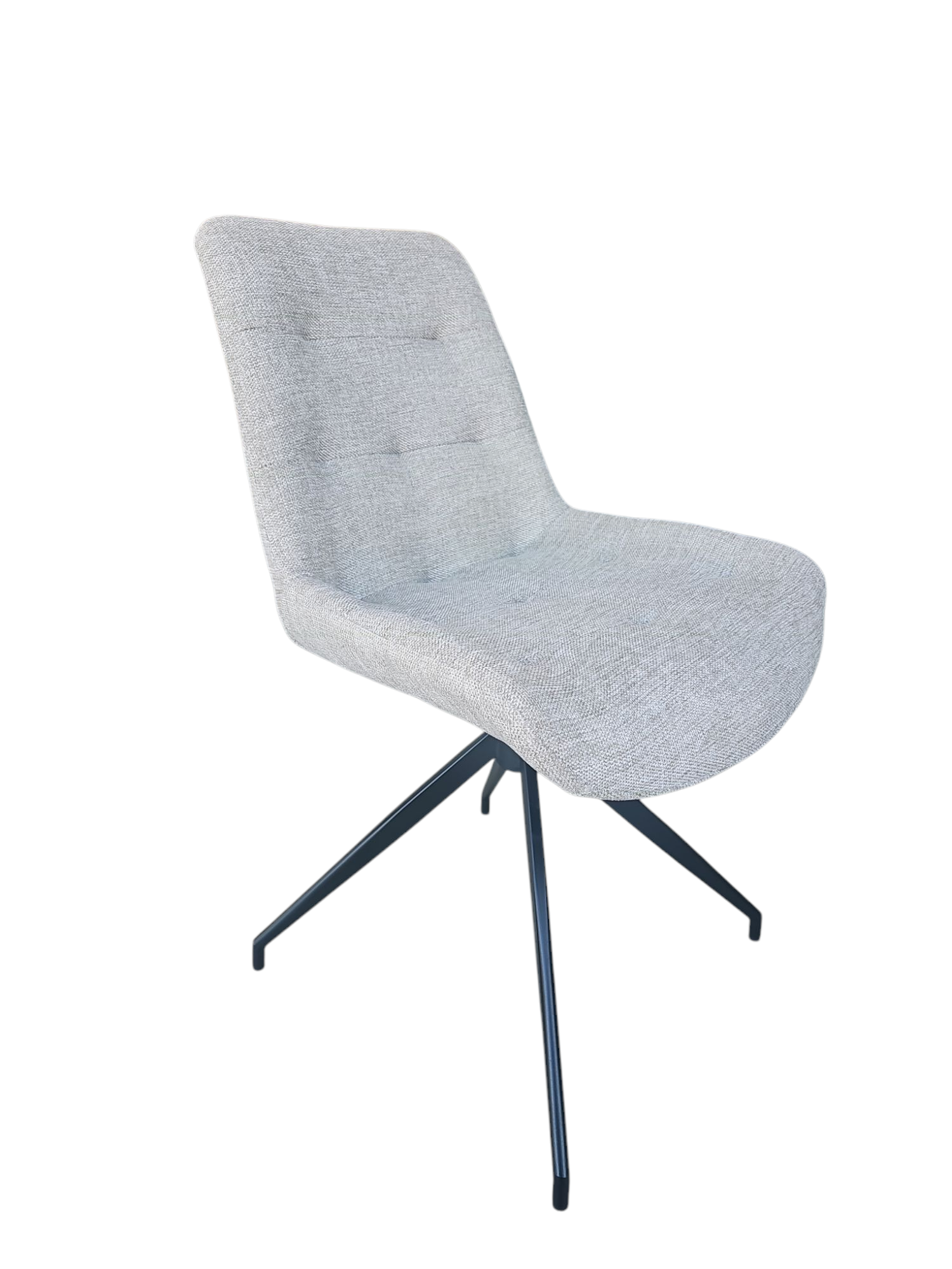 De Stoel Ella Brego Creme is een moderne, lichtgrijs gestoffeerde stoel met een gebogen rugleuning en zitting op vier naar buiten gebogen zwart metalen poten tegen een witte achtergrond.