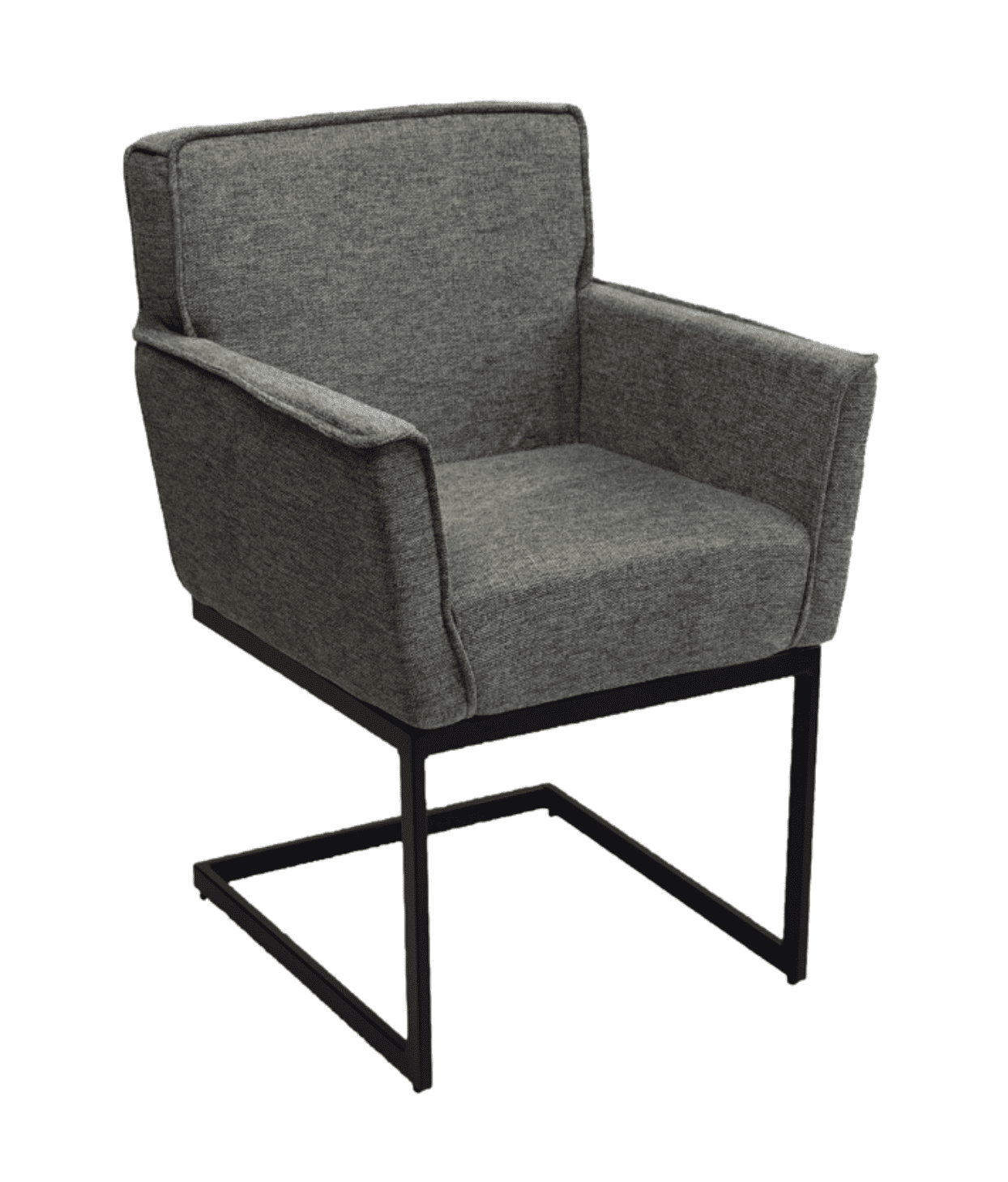 De Stoel Henry Brego 16 Blue Grey is een moderne fauteuil met blauwgrijze stoffen bekleding, brede armleuningen en een zwart metalen sledevoet, afgebeeld tegen een witte achtergrond.
