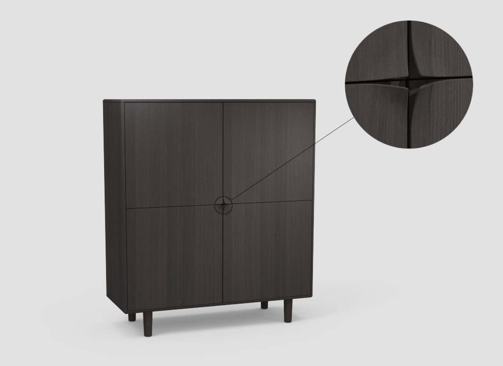 De SENTO BARKAST EL55 is een donkerhouten kast met vier deuren op korte poten, met een unieke stervormige centrale handgreep gevormd waar de houten panelen samenkomen, uitgelicht in een ingezoomd detail.