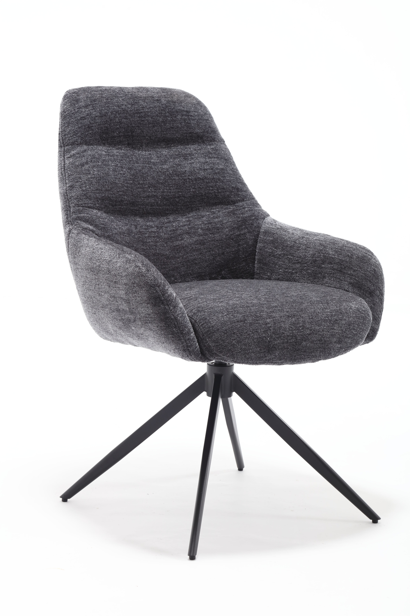 De Stoel July Picasso Eifeltoren 9312 is een moderne donkergrijze gestoffeerde stoel met een gebogen rugleuning, een gecapitonneerde zitting en zwarte metalen poten die zich in vier richtingen vertakken, tegen een effen witte achtergrond.