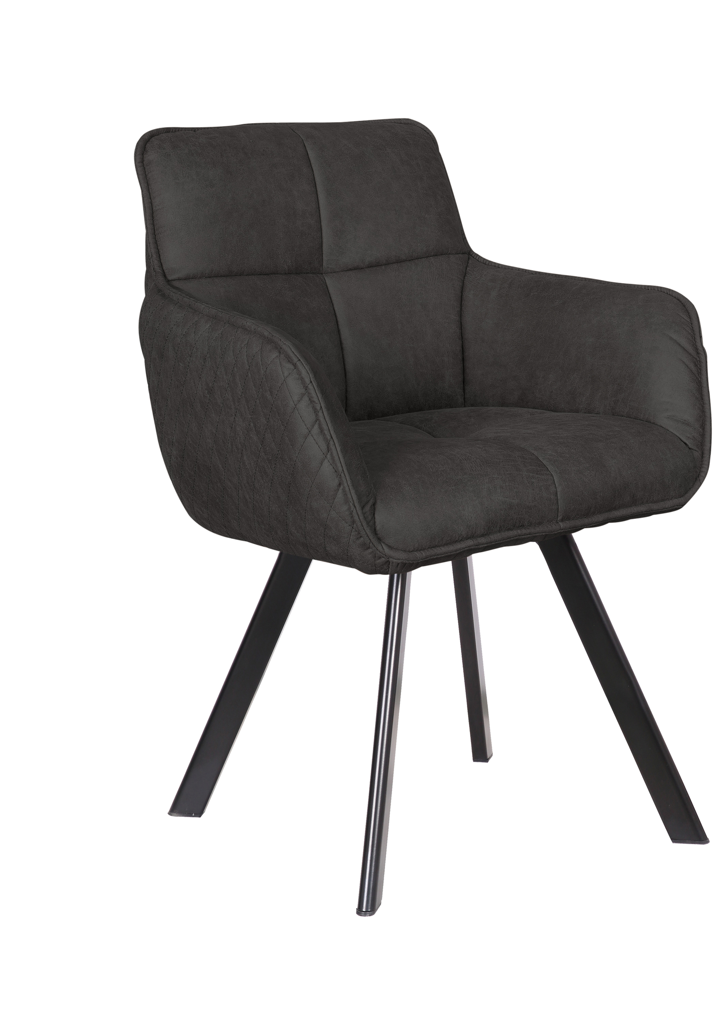 De Stoel Peter Manila Dark Grey is een modern gestoffeerde stoel met een gecapitonneerde zitting, armleuningen en zwarte metalen schuine poten tegen een witte achtergrond.